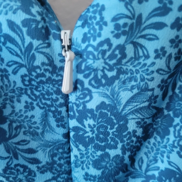 AMUR Floral Ruched Mermaid Tiered Puff Sleeve Peasant Blue Midi Dress. Size 10. - Picture 8 of 15